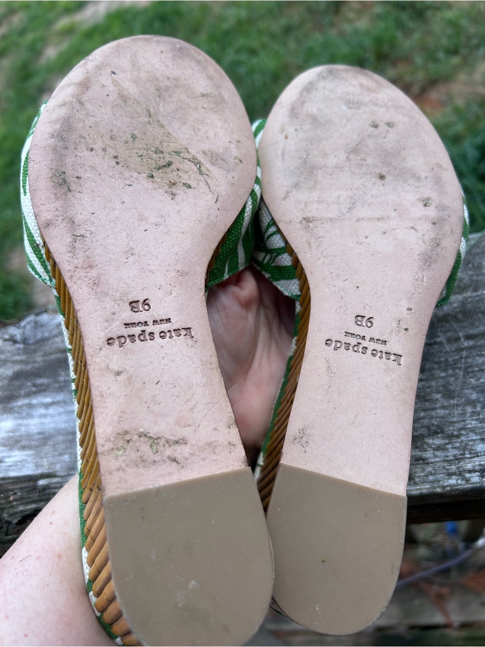 Kate Spade Meena Palm Green Canvas Bamboo Wedge Sandals Size 9 - Picture 13 of 17
